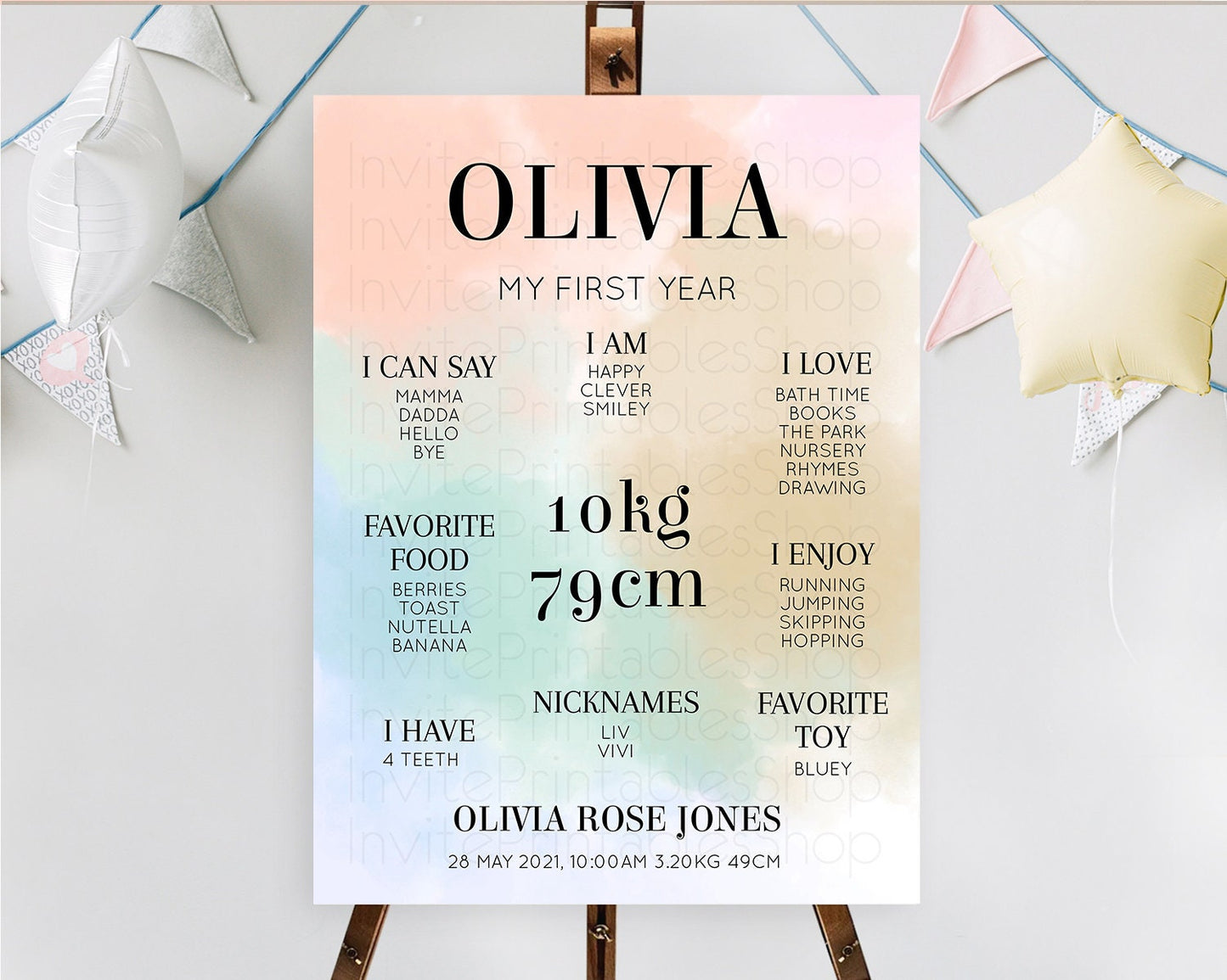Pastel First Birthday Milestone Board Pastel Rainbow Milestone Poster Colorful Confetti Watercolor Glitter 1st Birthday Welcome Sign D10370