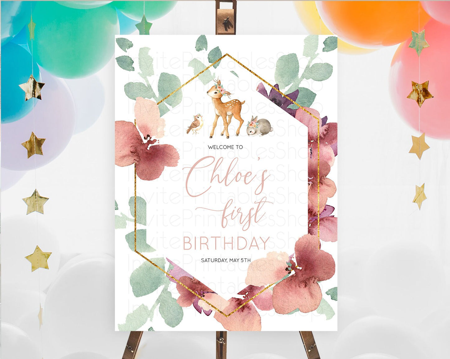 Fawn Welcome Sign Deer Welcome Board Floral Deer Welcome Poster Enchanted Forest Butterfly Pastel Floral First Birthday Welcome Sign D10913