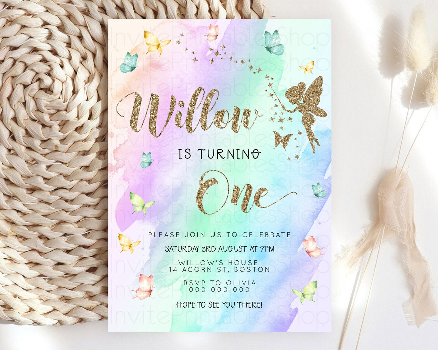 Pastel Fairy Birthday Invitation Pastel Butterflies Fairy Birthday Invitation Rainbow Ombre Watercolor 1st 2nd Birthday Invitation D23331