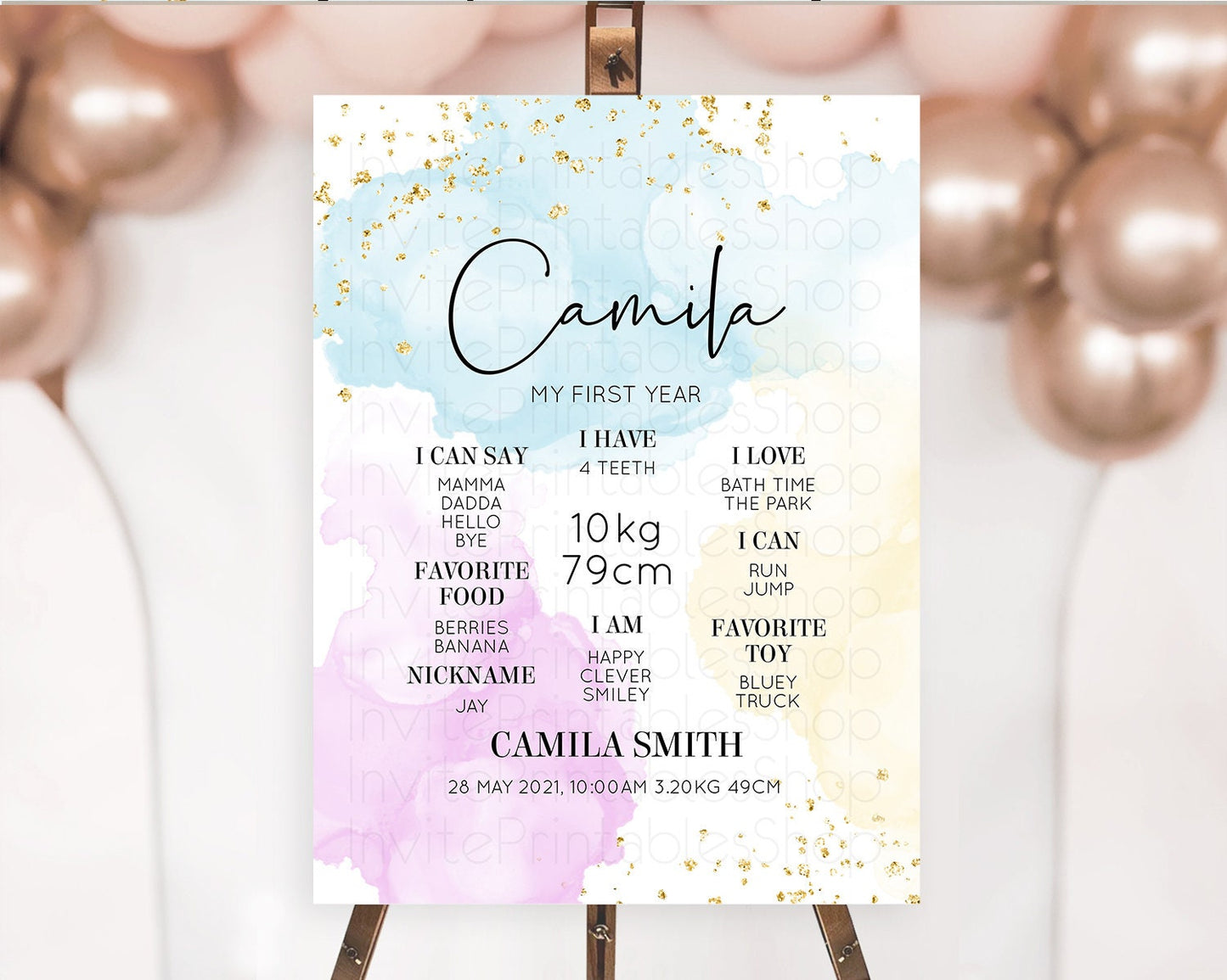 Pastel First Birthday Milestone Board Pastel Rainbow Milestone Poster Colorful Confetti Watercolor Glitter 1st Birthday Welcome Sign D10155