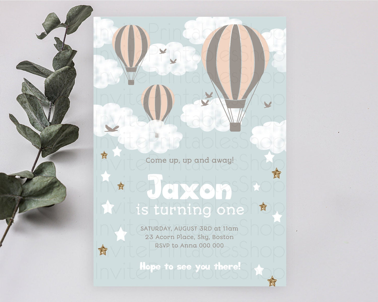 Hot Air Balloon Birthday Invitation Hot Air Balloon Invites Adventure Awaits Up Up & Away Glitter Blue Watercolor 1st Birthday Boy D10174