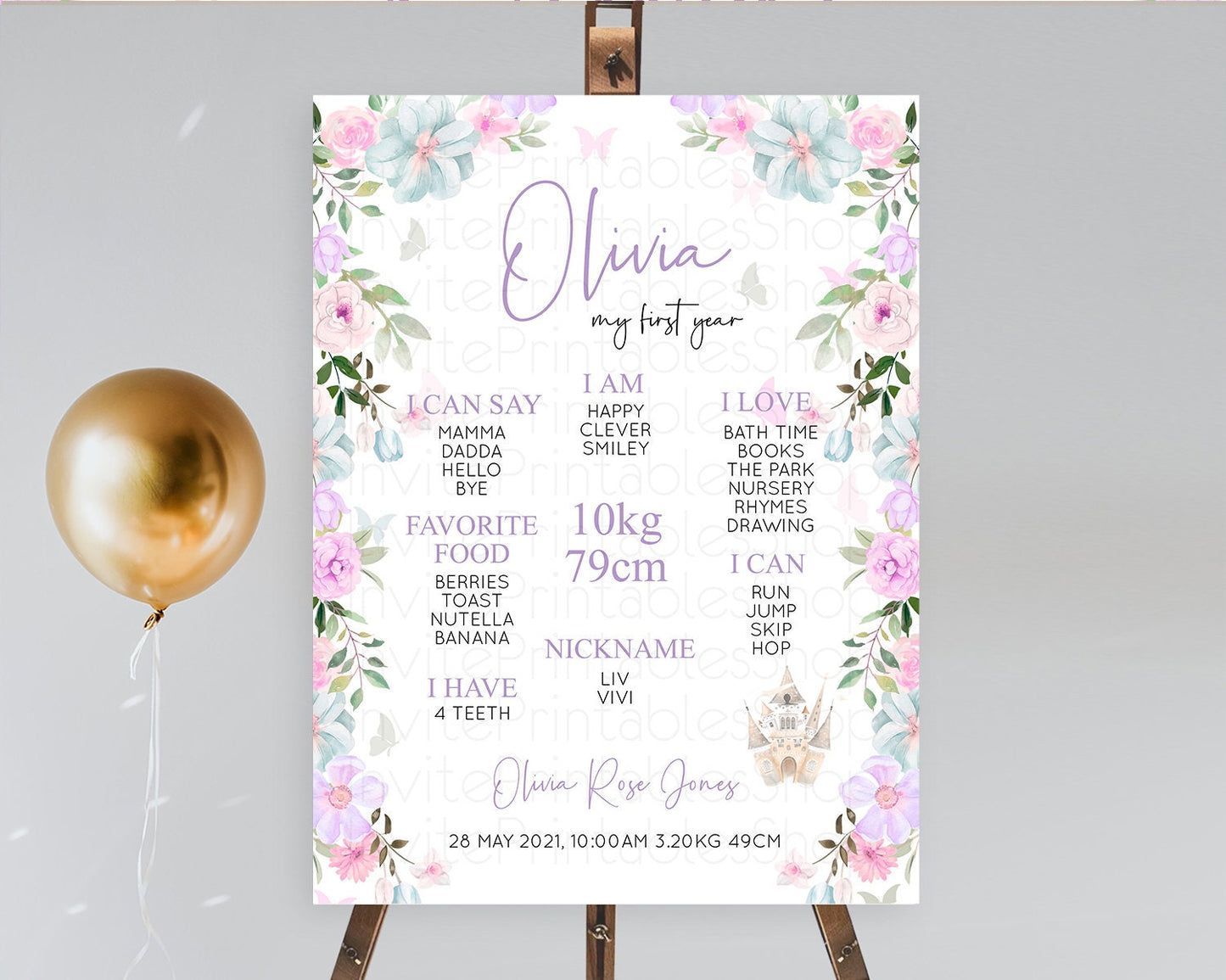 Princess First Birthday Milestone Poster Castle Milestone Board Secret Garden Enchanted Castle Pastel Floral Garden First Birthday D10471