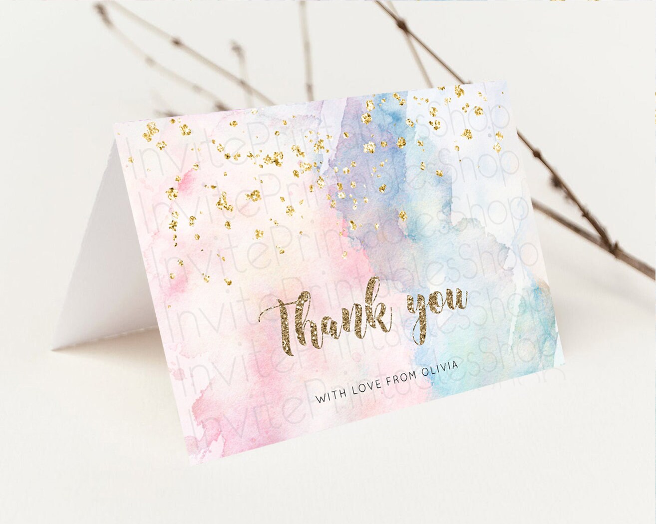 Pastel Rainbow Thank you Colorful Watercolor Gift Cards Splash Gold Glitter Card Birthday Engaged Baby Shower Wedding Folded/ Postcard 276