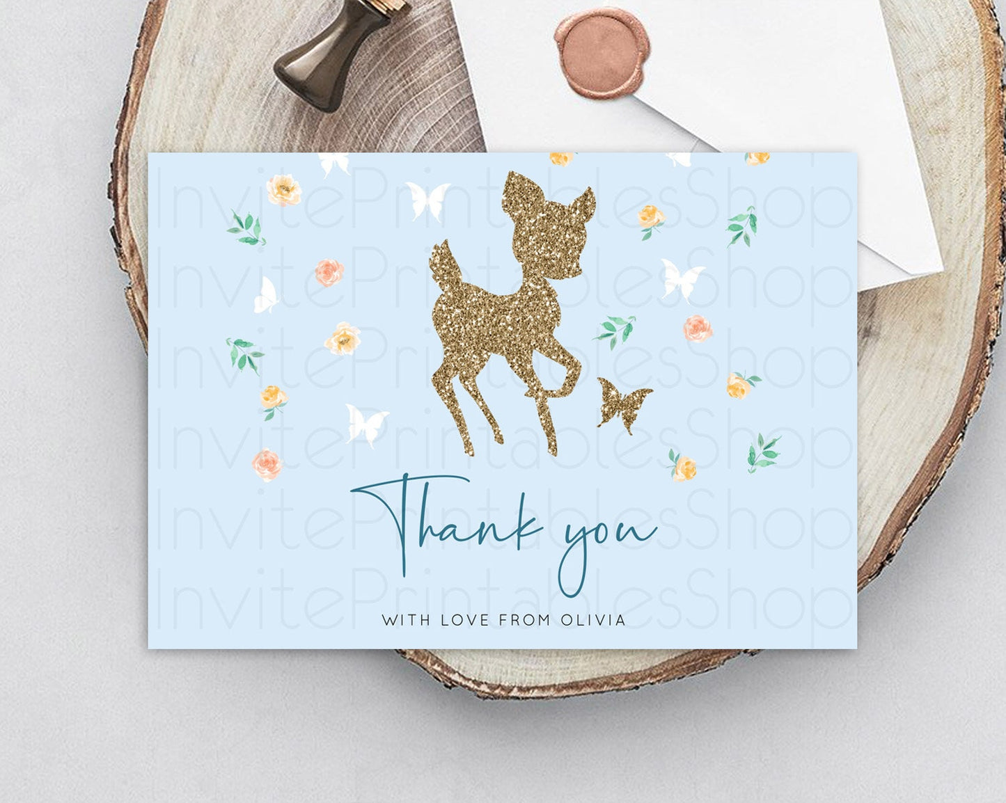 Fawn Thank You Deer Thank You Card Pastel Floral Deer Birthday Thank You Card Enchanted Forest Butterfly Deer Teacher Thank You Card D10902