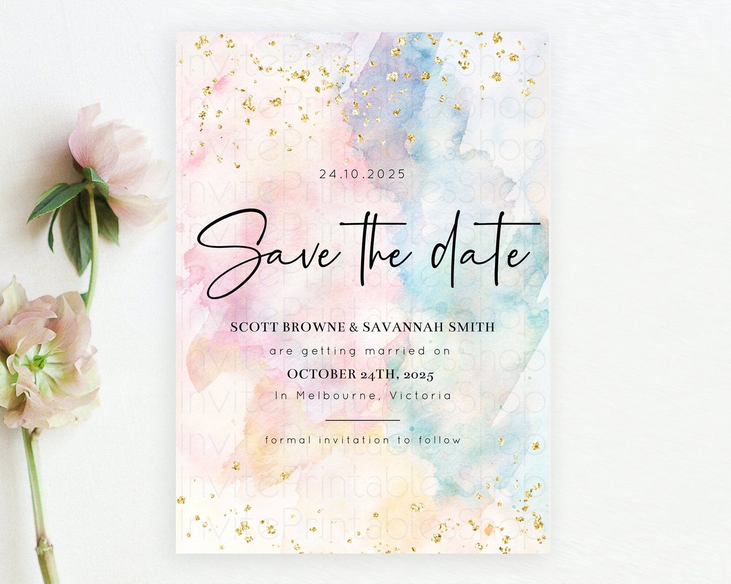 Pastel Save The Date Template Pastel Ombre Rainbow Watercolor Colorful Party For Birthday Baptism Baby Shower Wedding Bridal Shower D10263