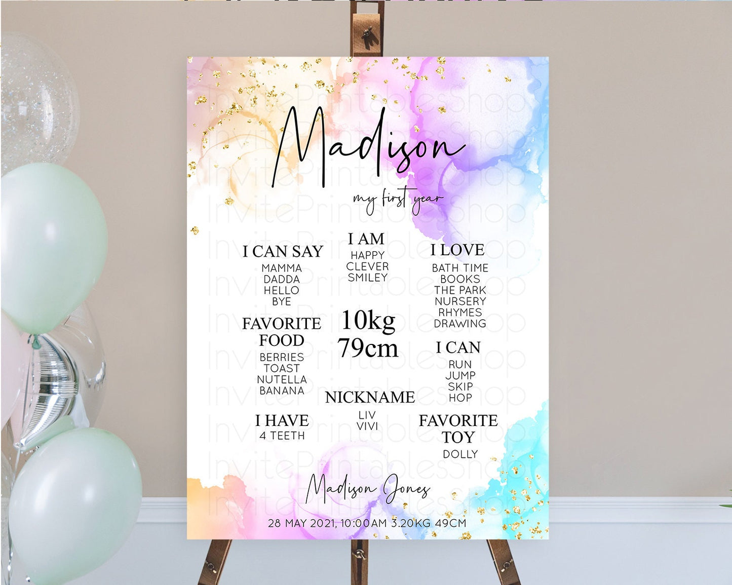 Pastel First Birthday Milestone Board Pastel Rainbow Milestone Poster Colorful Confetti Watercolor Glitter 1st Birthday Welcome Sign D10180