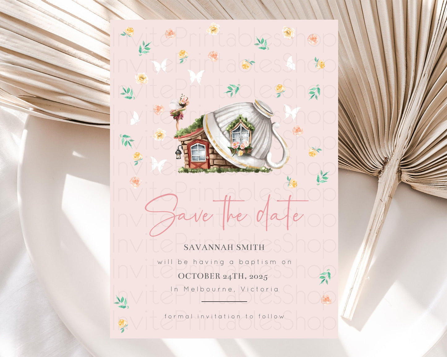 Fairy Save The Date Template Enchanted Garden Pastel Floral Butterfly Party Secret Garden Birthday Baptism Baby Shower Bridal Shower D10384