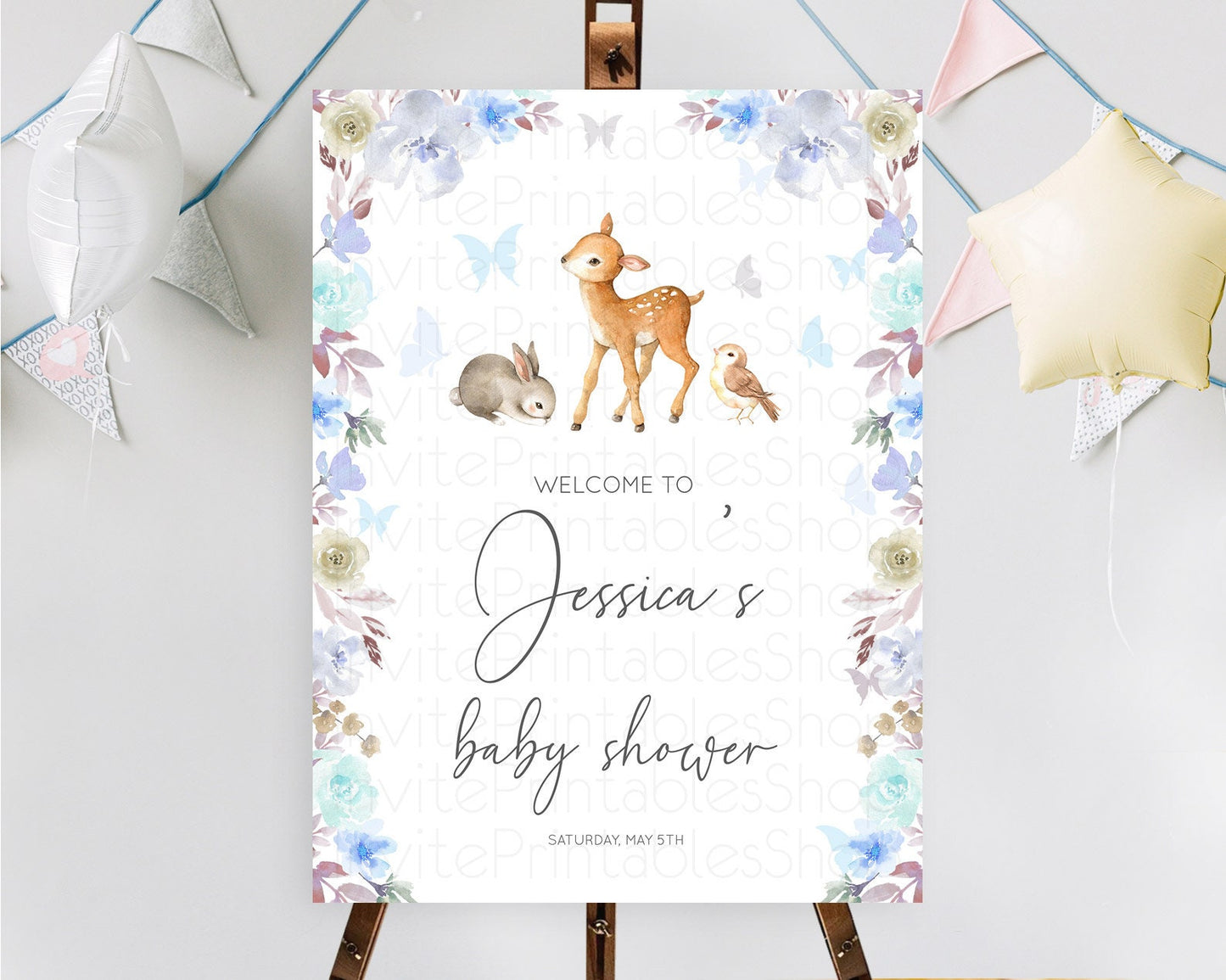 Fawn Baby Shower Welcome Sign Deer Welcome Board Floral Deer Welcome Poster Enchanted Forest Butterfly Pastel Floral Welcome Sign D10929