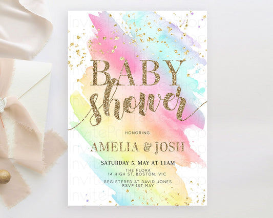 Pastel Baby Shower Invitation Rainbow Baby Shower Invitation Colorful Pastel Watercolor Invitation Gold Glitter Sprinkles Ombre D10495