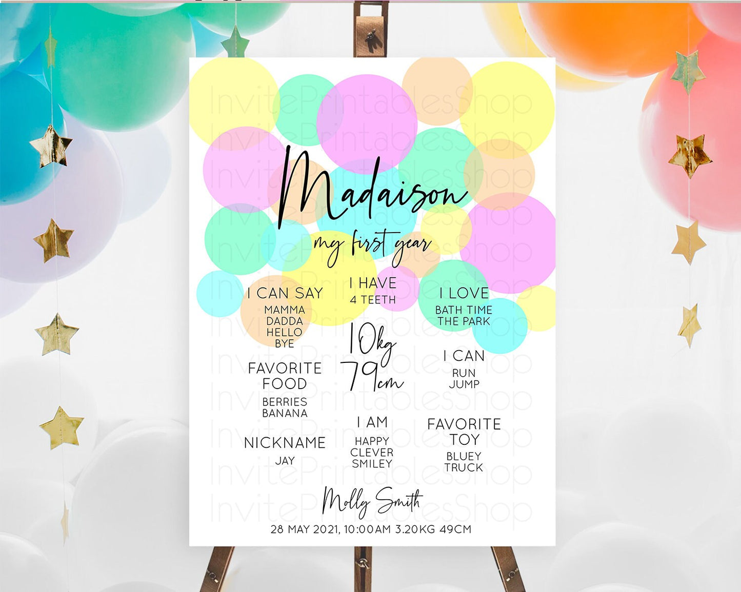 Pastel First Birthday Milestone Poster Pastel Rainbow Confetti First Birthday Milestone Board Colorful Bubbles Birthday Welcome Sign D10410