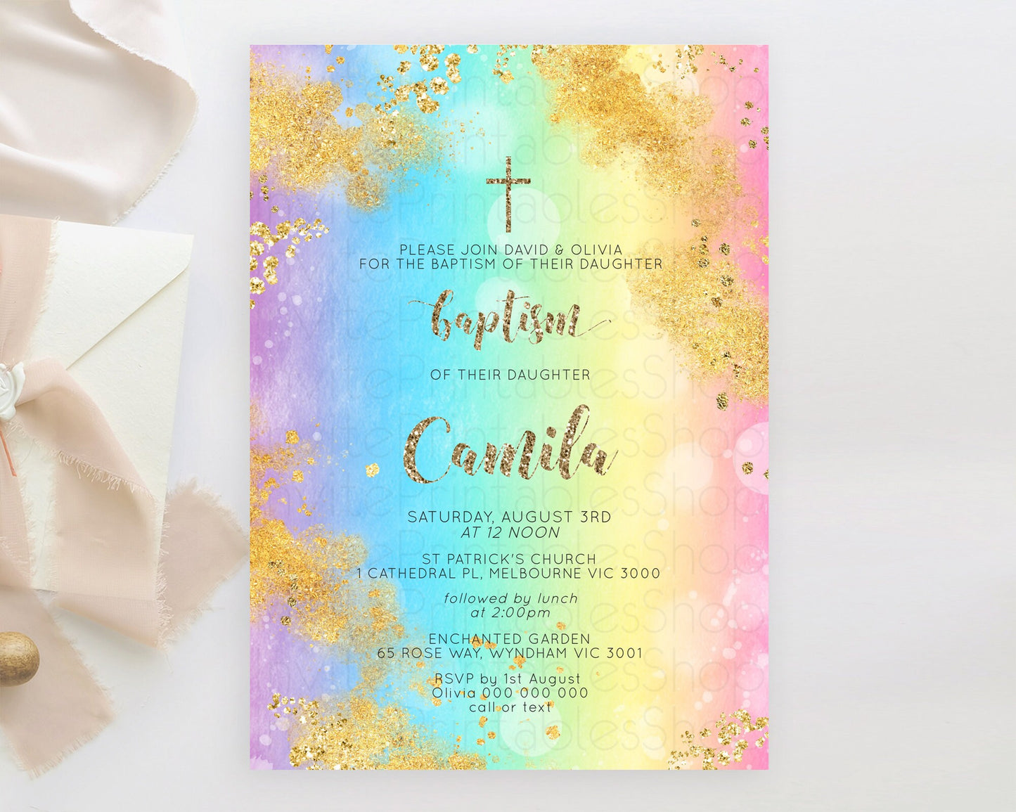 Pastel Baptism Invitation Pastel Colors Watercolor Baptism 1st Birthday Party Gold Ombre Pastel Rainbow Christening Holy Communion D10561