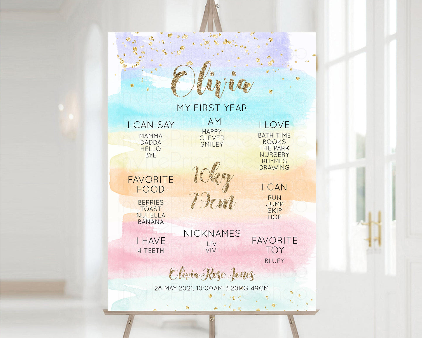 Pastel First Birthday Milestone Board Pastel Rainbow Milestone Poster Watercolor  Glitter One Year Poster Colorful Splash Baby 1st Year 525