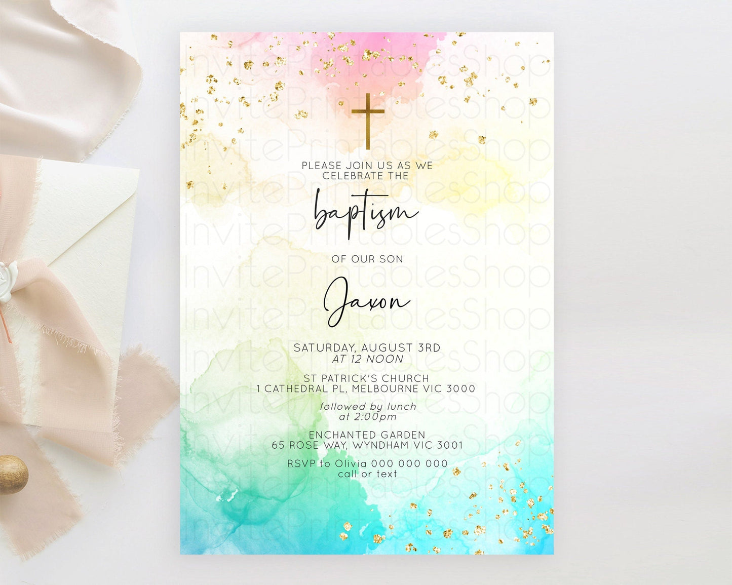 Pastel Baptism Invitation Pastel Colors Watercolor Baptism 1st Birthday Party Gold Ombre Pastel Rainbow Christening Holy Communion D10151