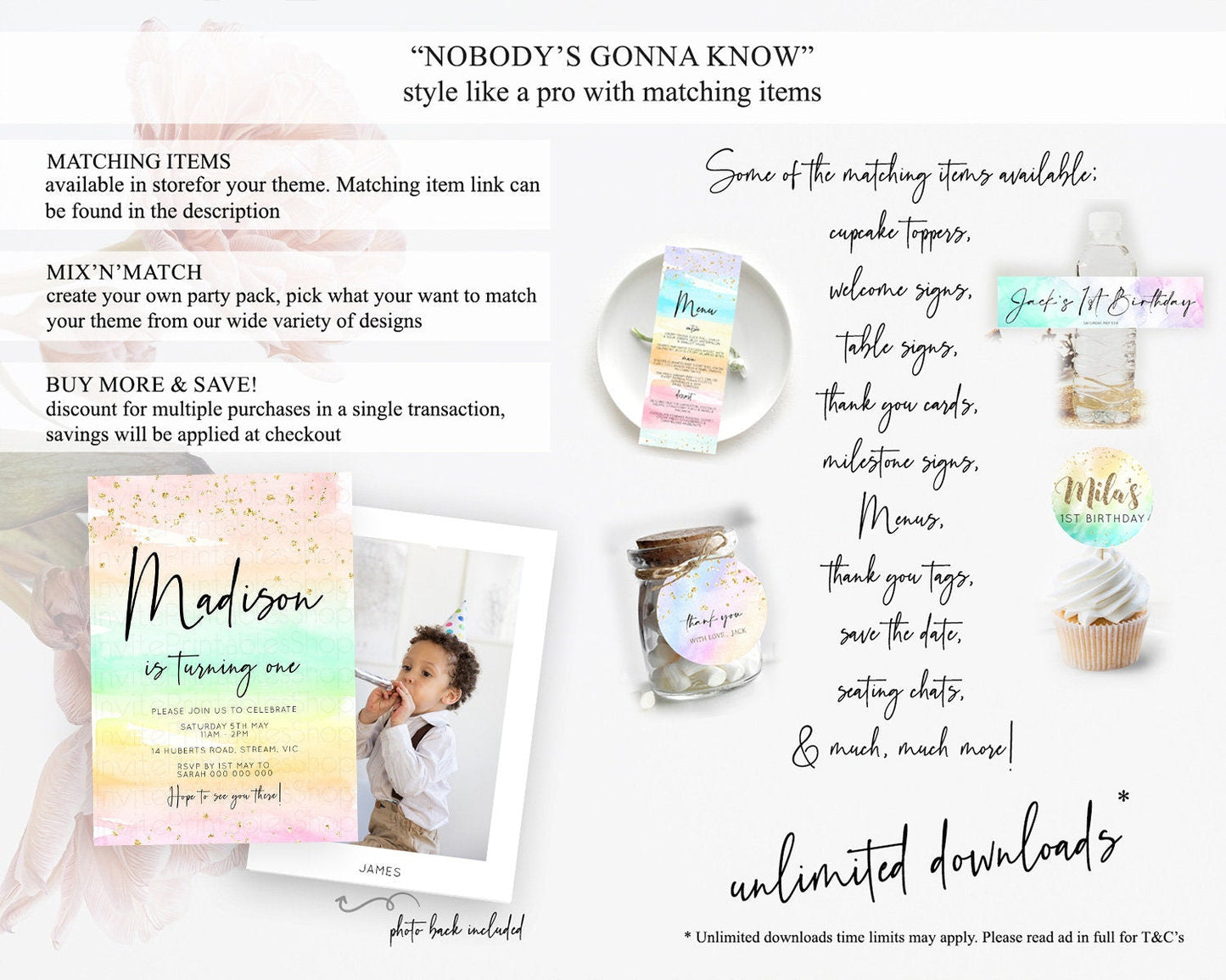Rainbow Birthday Invitation Colorful Pastel Watercolor Invitation Gold Glitter Sprinkles Ombre Pastel 1st 2nd 3rd Birthday D10591