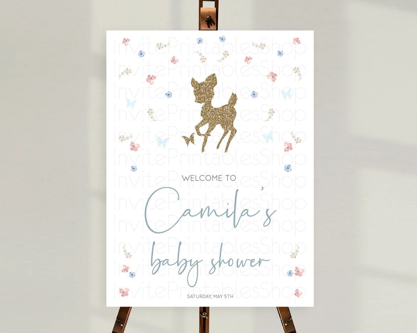 Fawn Baby Shower Welcome Sign Deer Welcome Board Floral Deer Welcome Poster Enchanted Forest Butterfly Pastel Floral Welcome Sign D10359