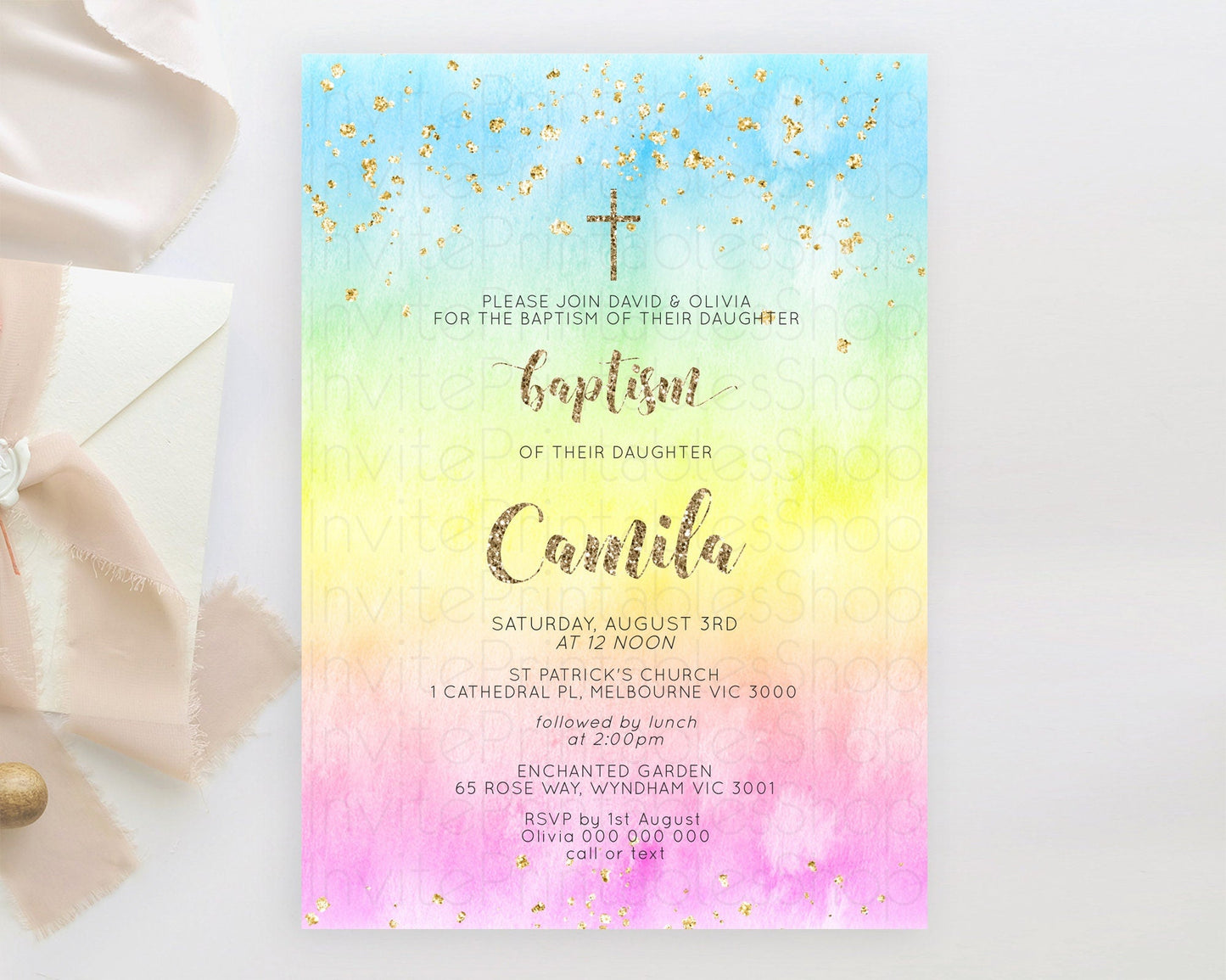 Pastel Baptism Invitation Pastel Colors Watercolor Baptism 1st Birthday Party Gold Ombre Pastel Rainbow Christening Holy Communion D10479