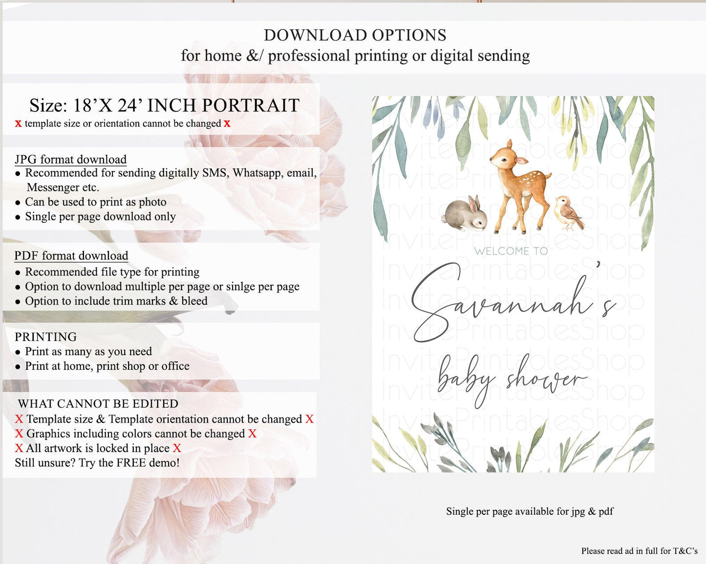 Fawn Baby Shower Welcome Sign Deer Welcome Board Floral Deer Welcome Poster Enchanted Forest Butterfly Pastel Floral Welcome Sign D10919