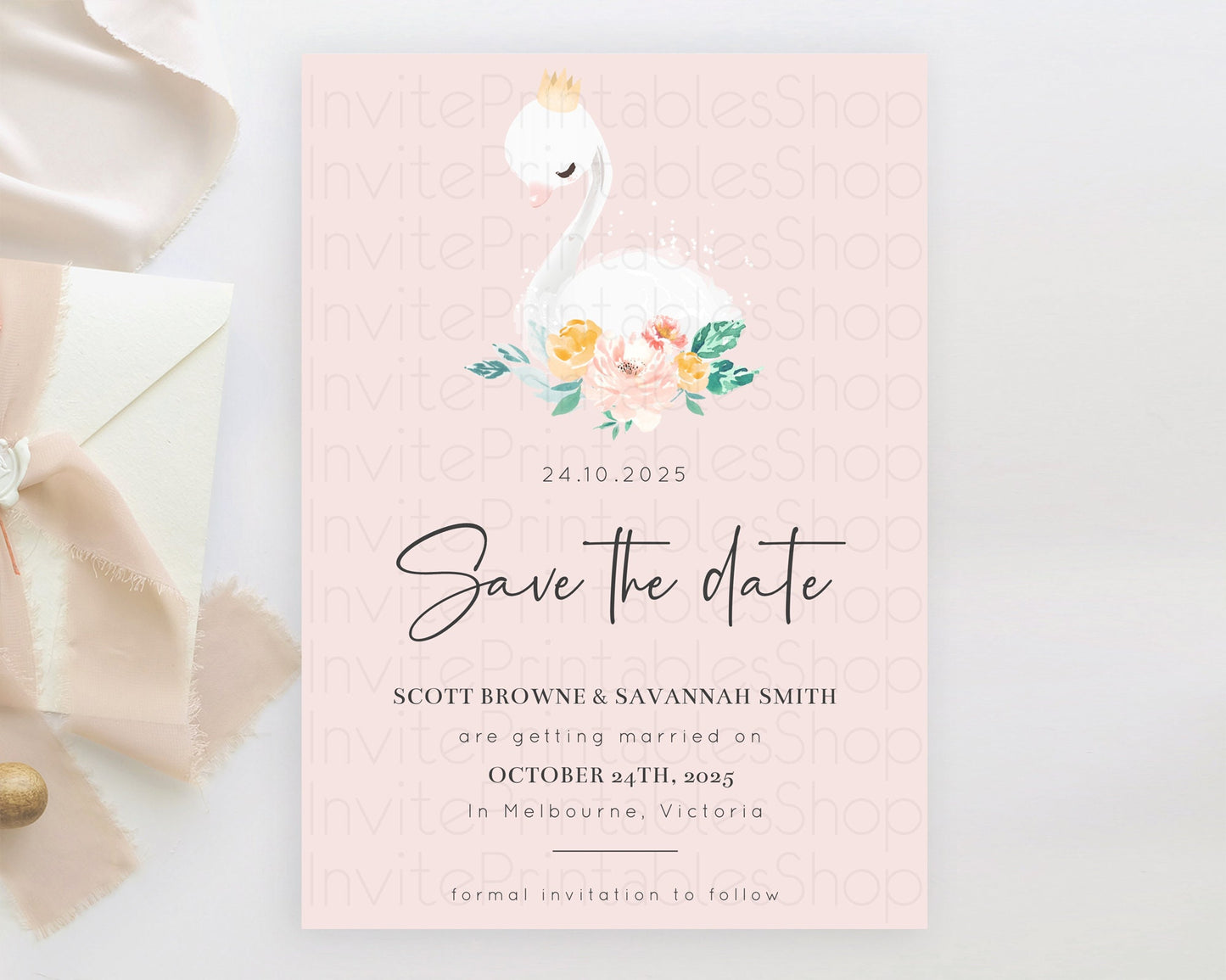 Swan Save The Date Template Swan Princess Ballet Party Enchanted Swan Lake Secret Garden Pastel Floral Birthday Baptism Baby Shower  D10388