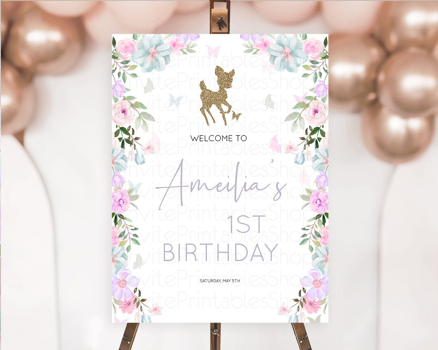 Fawn Welcome Sign Deer Welcome Board Floral Deer Welcome Poster Enchanted Forest Butterfly Pastel Floral First Birthday Welcome Sign D10476