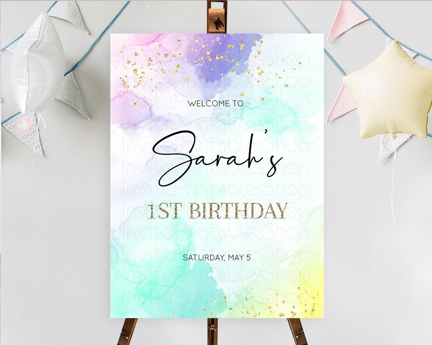 Pastel Welcome Sign Pastel Rainbow Welcome Sign Colorful Rainbow Confetti Watercolor Glitter Pastel First Birthday Welcome Sign D10158