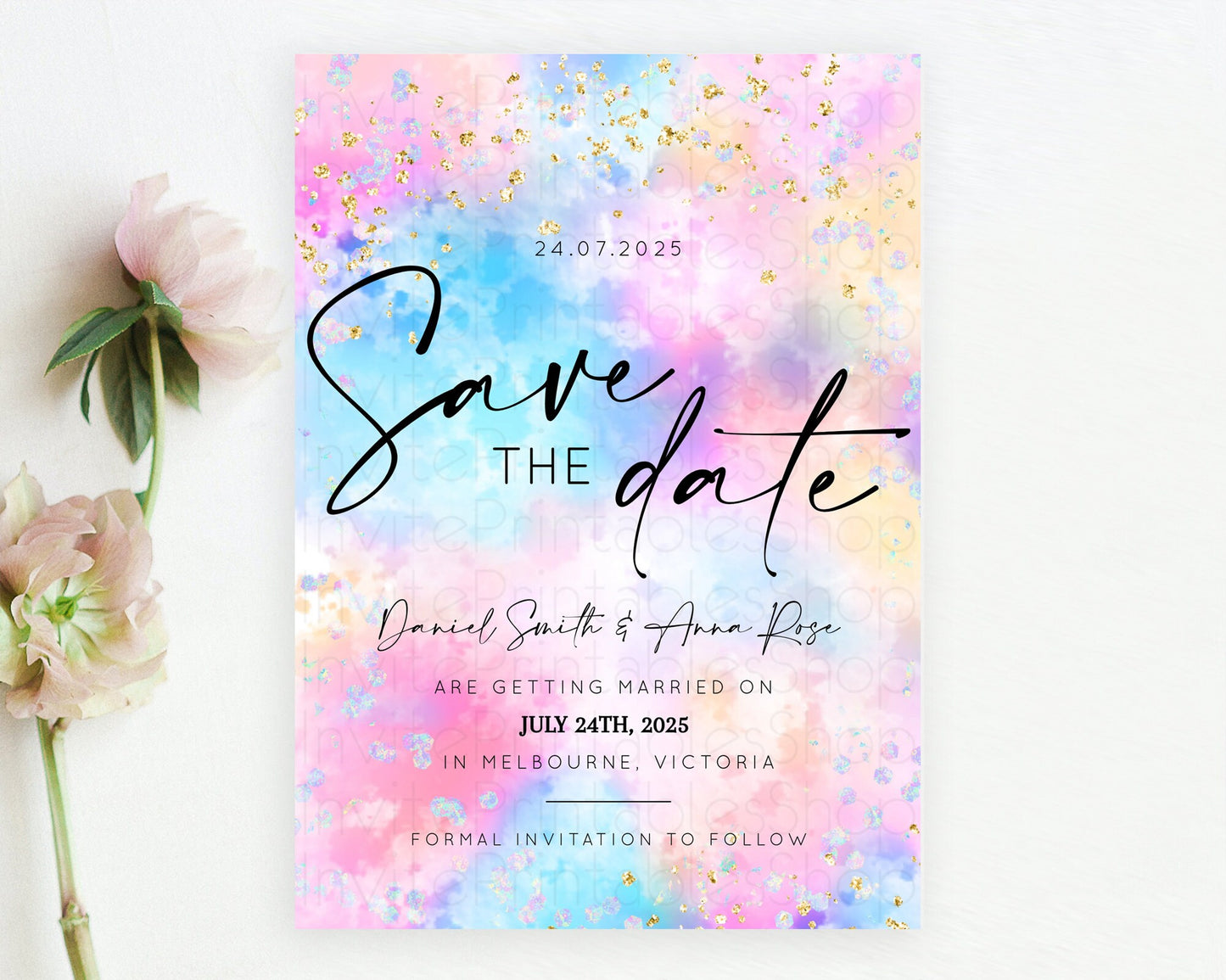 Pastel Save The Date Template Pastel Ombre Rainbow Watercolor Colorful Party For Birthday Baptism Baby Shower Wedding Bridal Shower D10607