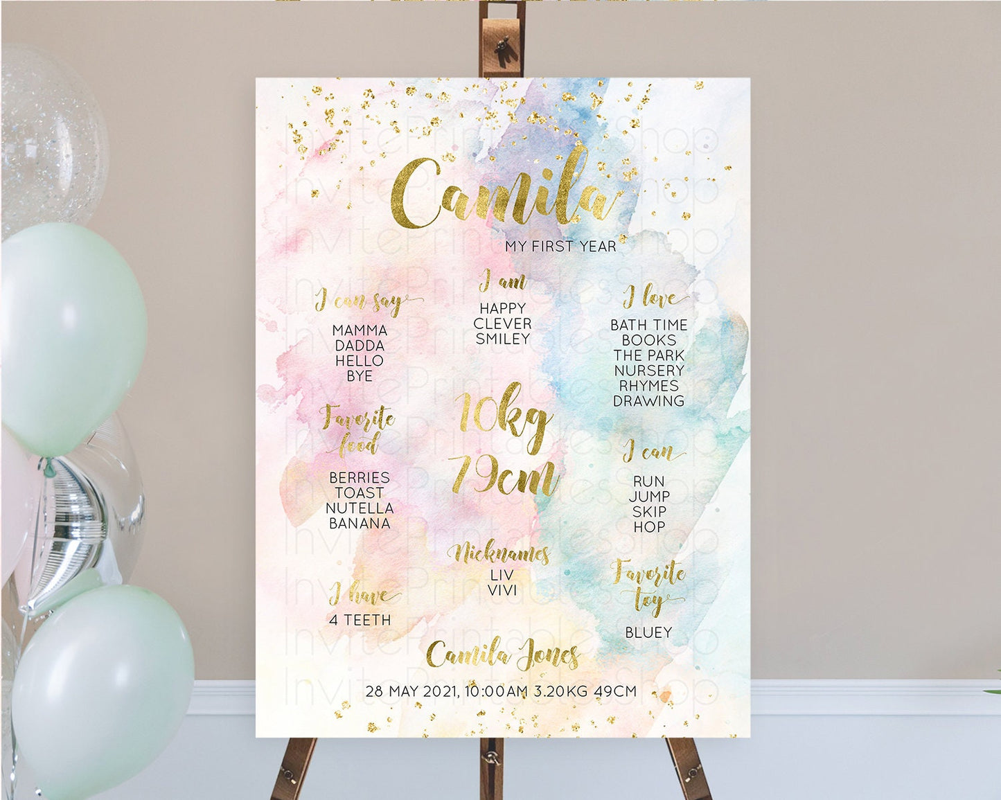 Pastel First Birthday Milestone Board Pastel Rainbow Milestone Poster Colorful Confetti Watercolor Glitter 1st Birthday Welcome Sign D10265