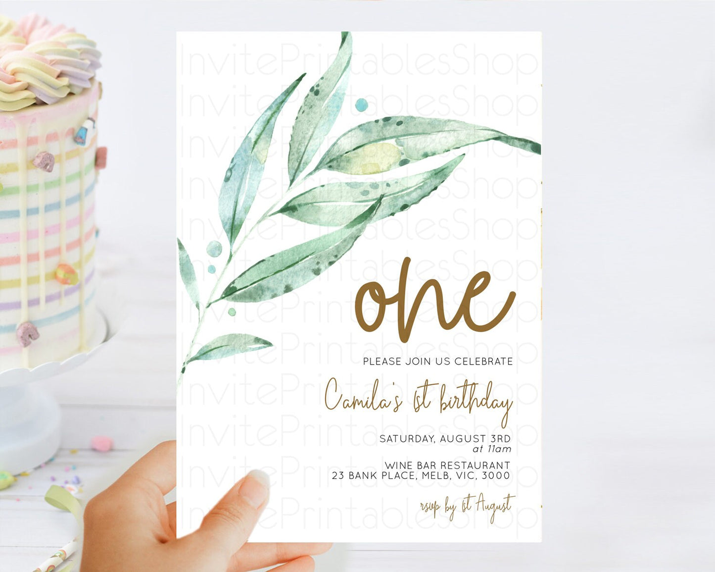 Leafy Birthday Invitation Leafy Invitation Simple Greenery Invitation Eucalyptus Fern Spray Leaves Minimal Green Leaf Watercolour D11014