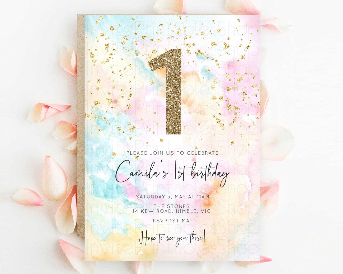 Rainbow Birthday Invitation Colorful Pastel Watercolor Invitation Gold Glitter Sprinkles Ombre Pastel 1st 2nd 3rd Birthday D10548