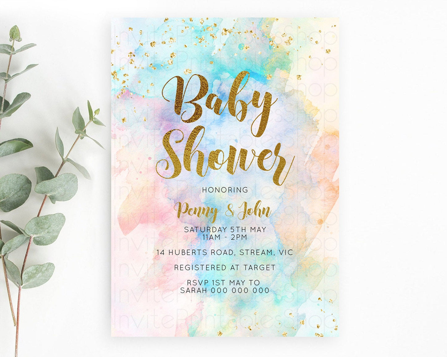 Pastel Baby Shower Invitation Rainbow Baby Shower Invitation Colorful Pastel Watercolor Invitation Gold Glitter Sprinkles Ombre D10272