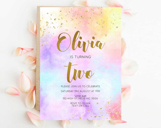 Rainbow Birthday Invitation Ombre Pastel Invitation Colorful Watercolor Splash Invite Gold Glitter Sprinkles Printable Digital Invite 499