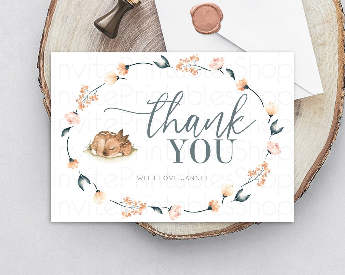 Fawn Thank You Deer Thank You Card Pastel Floral Deer Birthday Thank You Card Enchanted Forest Butterfly Deer Teacher Thank You Card D10790