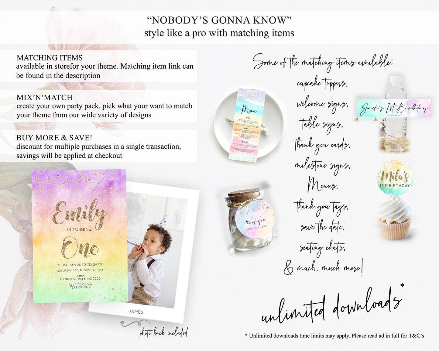 Rainbow Birthday Invitation Colorful Pastel Watercolor Invitation Gold Glitter Sprinkles Ombre Pastel 1st 2nd 3rd Birthday D10512