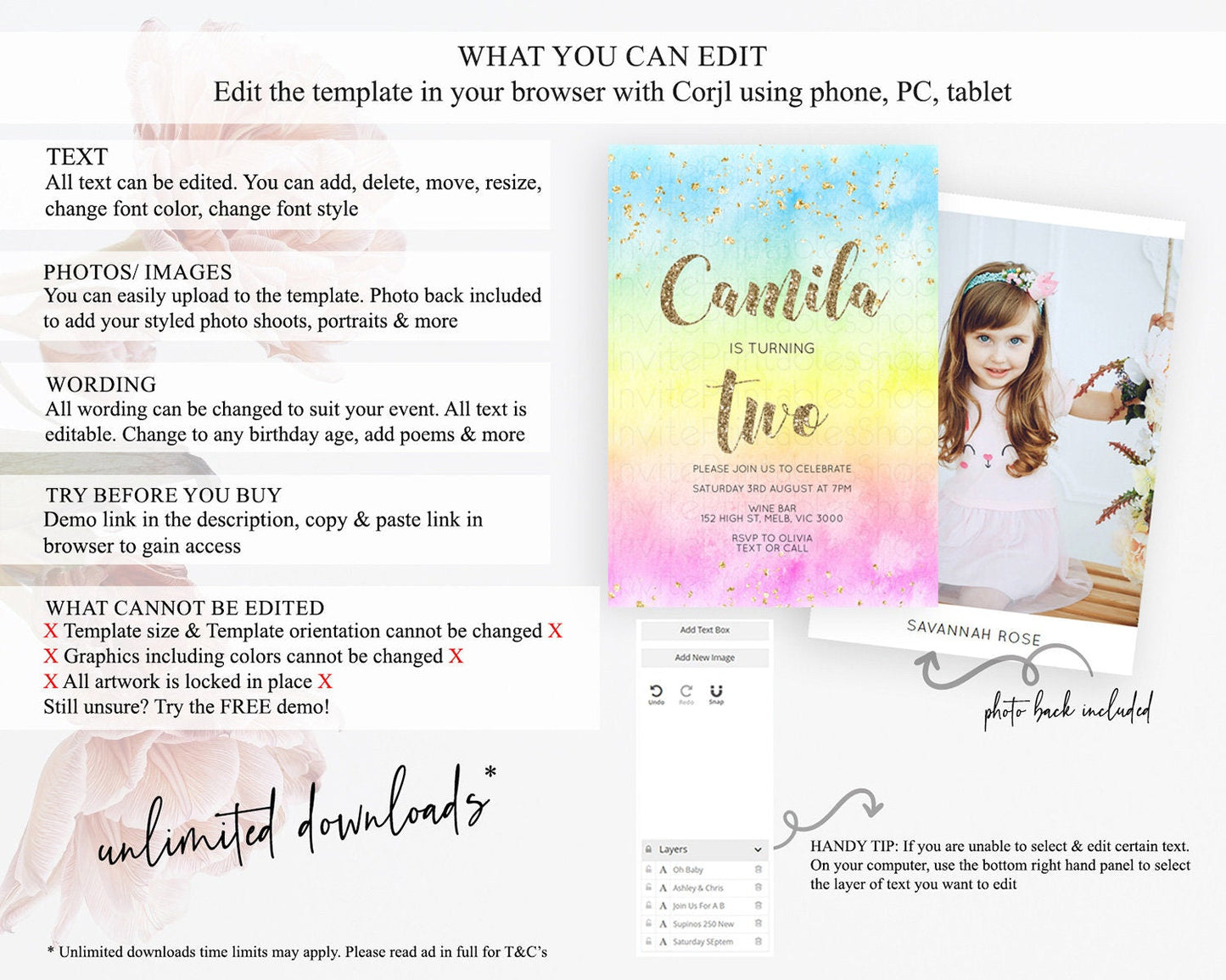 Rainbow Birthday Invitation Colorful Pastel Watercolor Invitation Gold Glitter Sprinkles Ombre Pastel 1st 2nd 3rd Birthday D10479