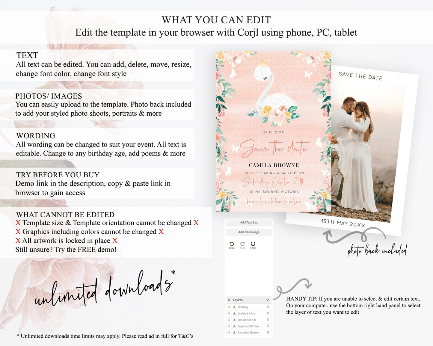 Swan Save The Date Template Swan Princess Ballet Party Enchanted Swan Lake Secret Garden Pastel Floral Birthday Baptism Baby Shower D10884