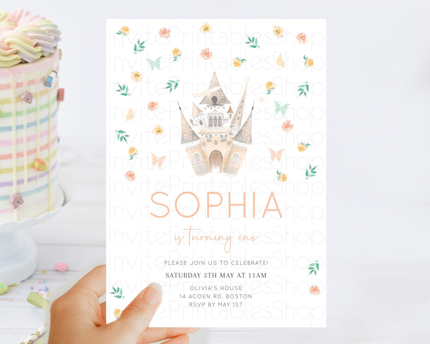 Princess Birthday Invitation Castle Invitation Royal Birthday Fairy Tale Enchanted Castle Pastel Floral Garden 1st First Birthday D10363