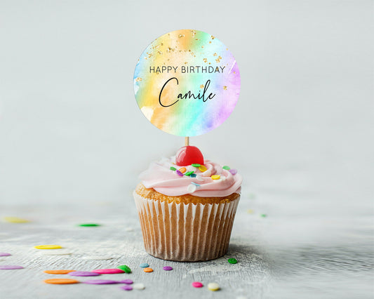 Editable Rainbow Cupcake Toppers Pastel Cupcake Toppers Colorful Pastel Wate