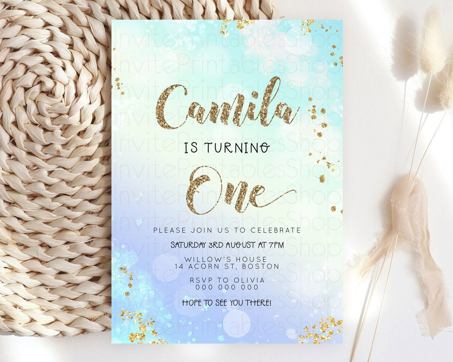 Rainbow Birthday Invitation Colorful Pastel Watercolor Invitation Gold Glitter Sprinkles Ombre Pastel 1st 2nd 3rd Birthday D23117