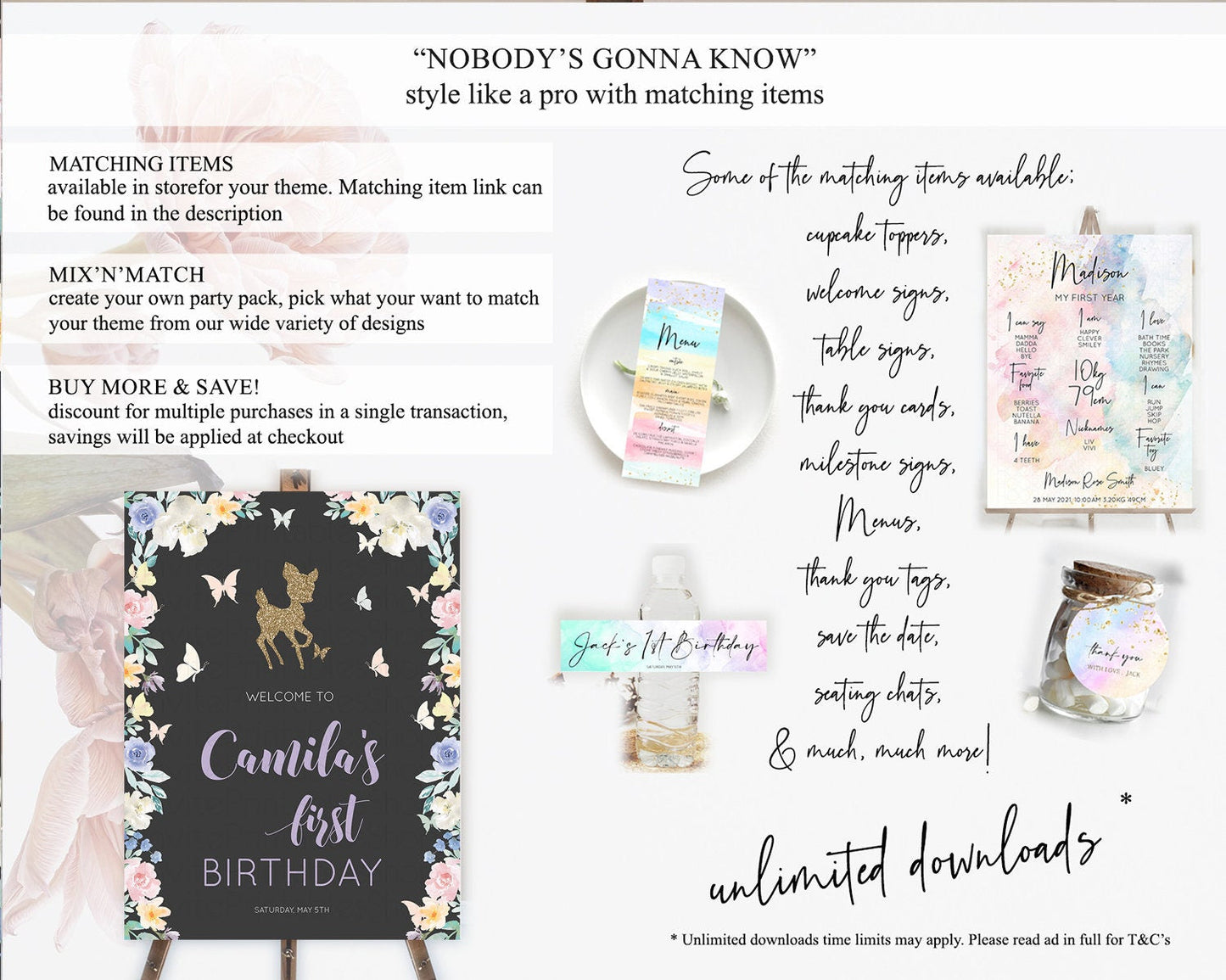 Fawn Welcome Sign Deer Welcome Board Floral Deer Welcome Poster Enchanted Forest Butterfly Pastel Floral First Birthday Welcome Sign D10880
