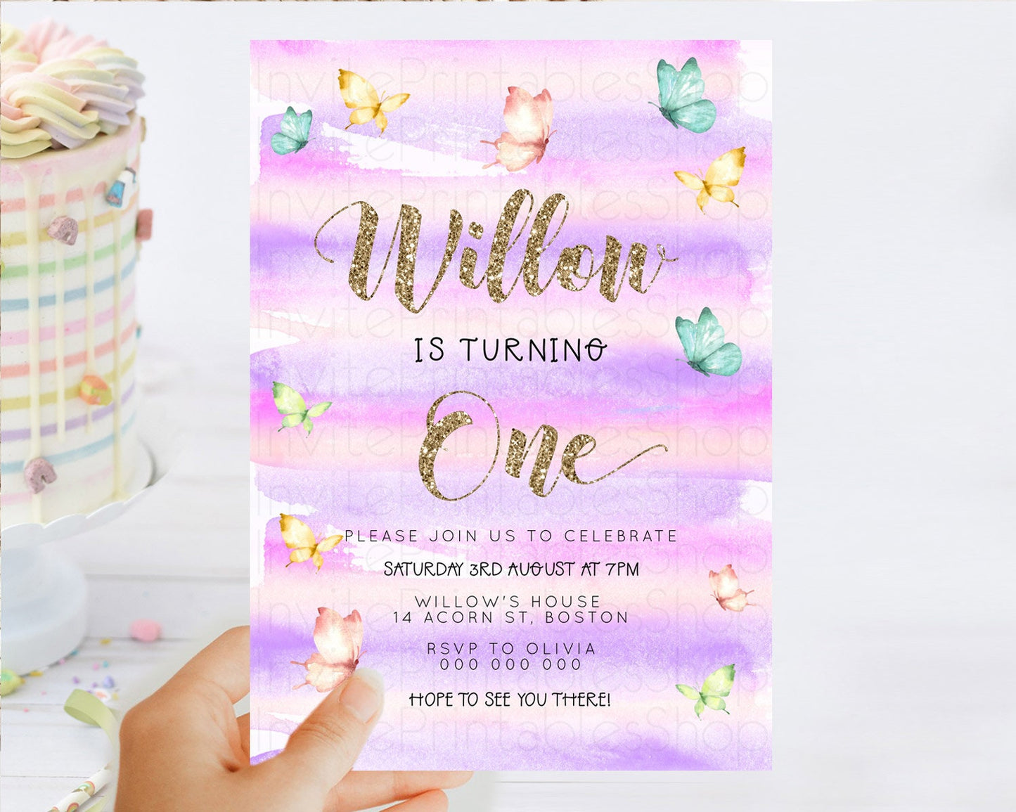 Pastel Butterfly Birthday Invitation Butterfly Birthday Invitation Colorful Splash Glitter Butterfly Garden 1st 2nd Birthday D23219