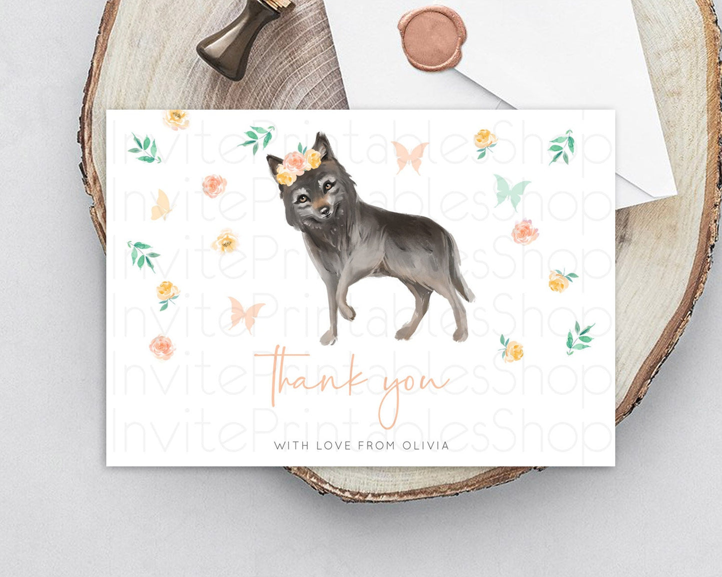 Wolf Thank You Wolf Thank You Card Pastel Floral Wolf Birthday Thank You Card Forest Wolf Party Decor Wolf Birthday Thank You Cards D10362