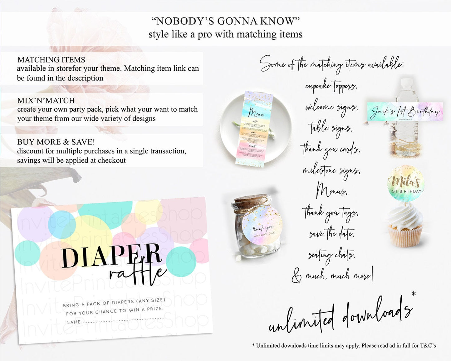 Pastel Diaper Raffle Card Pastel Rainbow Diaper Raffle Insert Colorful Ombre Watercolor Diaper Ticket Confetti Glitter Raffle Game D10223