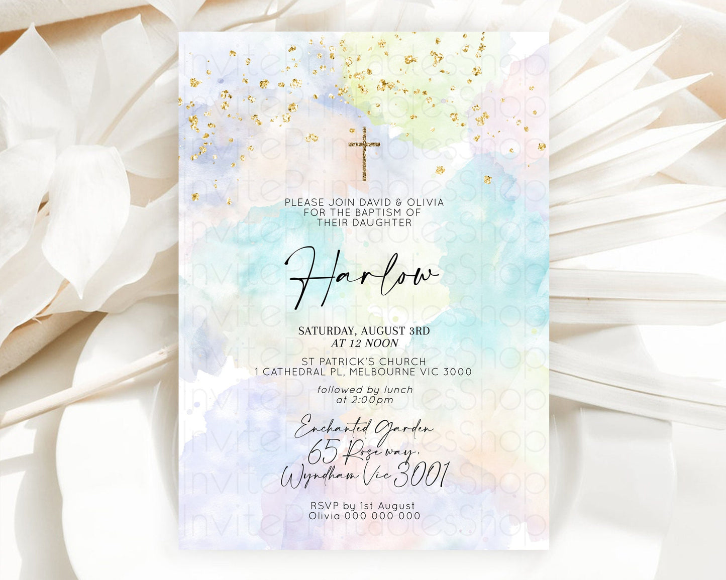 Pastel Baptism Invitation Pastel Colors Watercolor Baptism 1st Birthday Party Gold Ombre Pastel Rainbow Christening Holy Communion D10613