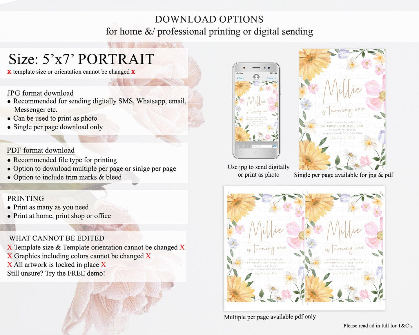 Secret Garden Invitation Wildflower Birthday Invitation Pastel Flowers Invite Enchanted Garden Boho Floral 3rd 2nd First Birthday D23370