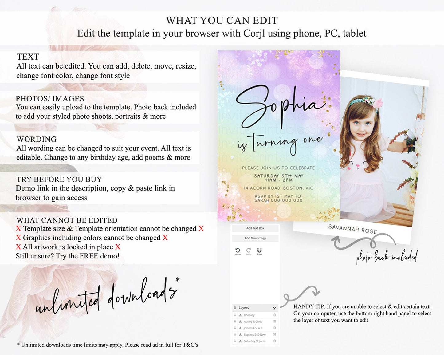 Pastel Birthday Invitation Ombre Watercolor Birthday Invitation Glitter Rainbow Color Splash 1st 2nd 3rd Birthday Invitation D23107