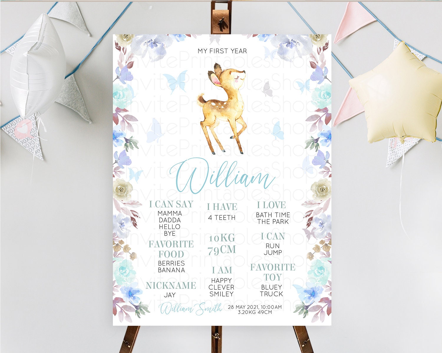Editable Fawn First Birthday Milestone Board Deer First Birthday Milestone P