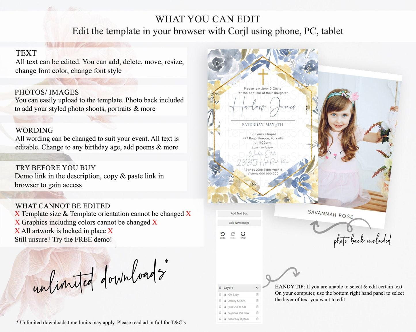 Secret Garden Baptism Invitation Wildflower Baptism Birthday Invite Pastel Flowers Christening Invite Enchanted Garden Boho Floral D10782