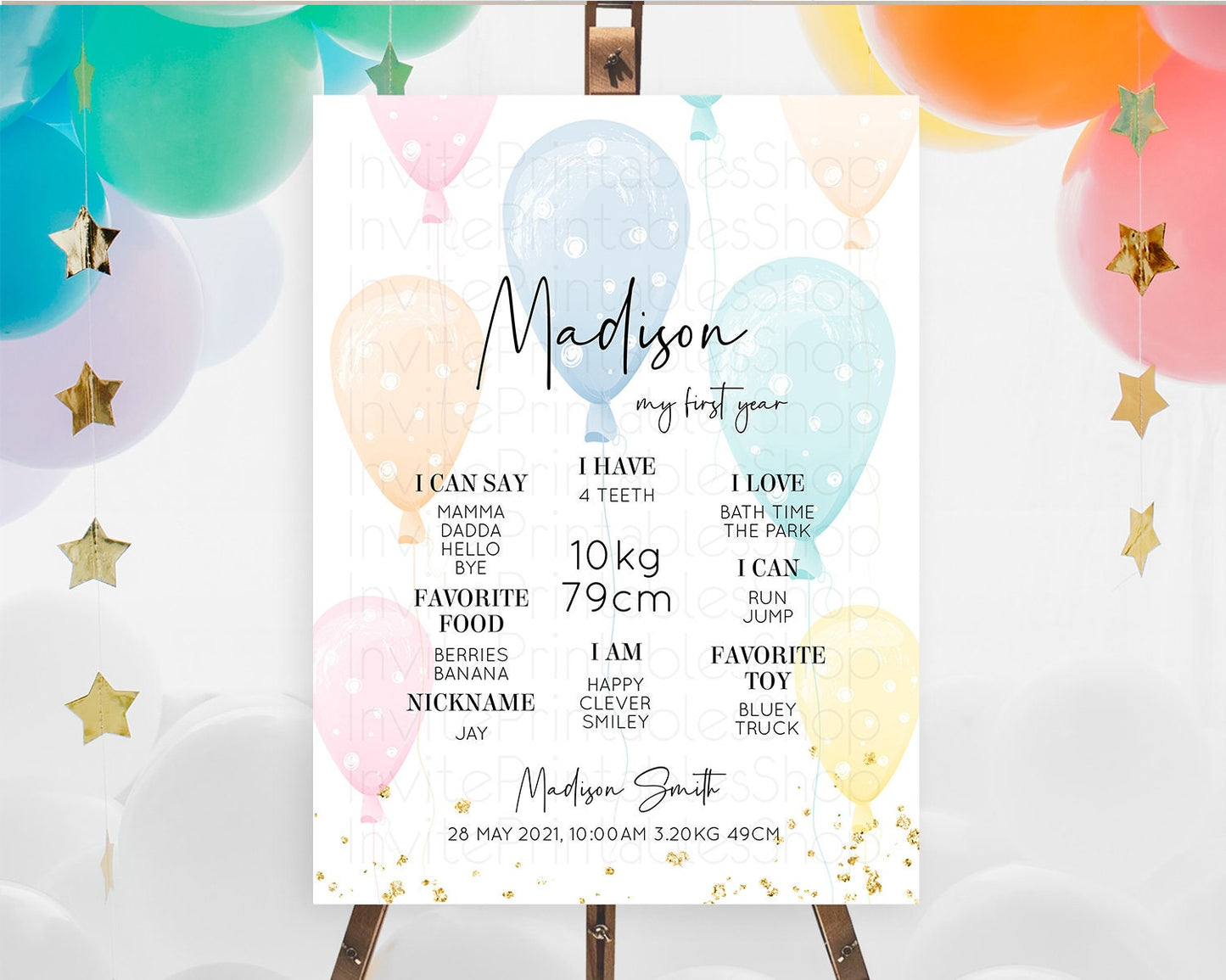 Pastel Balloons First Birthday Milestone Board Colorful Balloon Milestone Poster Rainbow Balloon Confetti 1st Birthday Welcome Sign D10776
