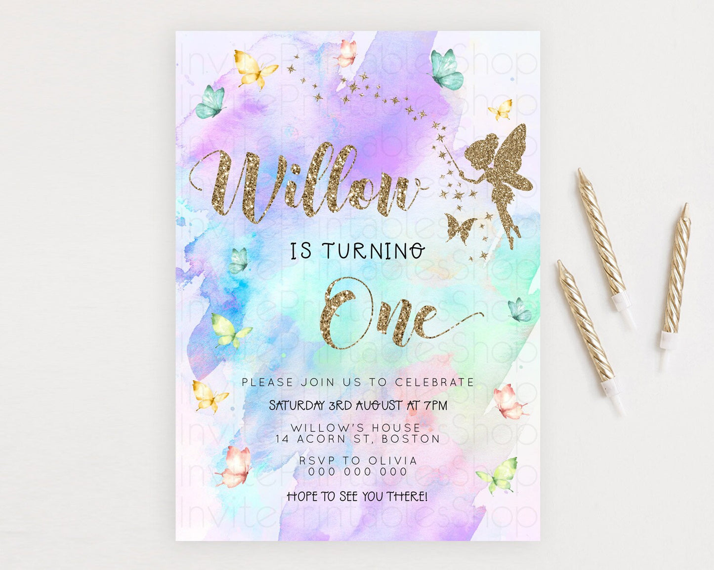 Pastel Fairy Birthday Invitation Pastel Butterflies Fairy Birthday Invitation Rainbow Ombre Watercolor 1st 2nd Birthday Invitation D23338