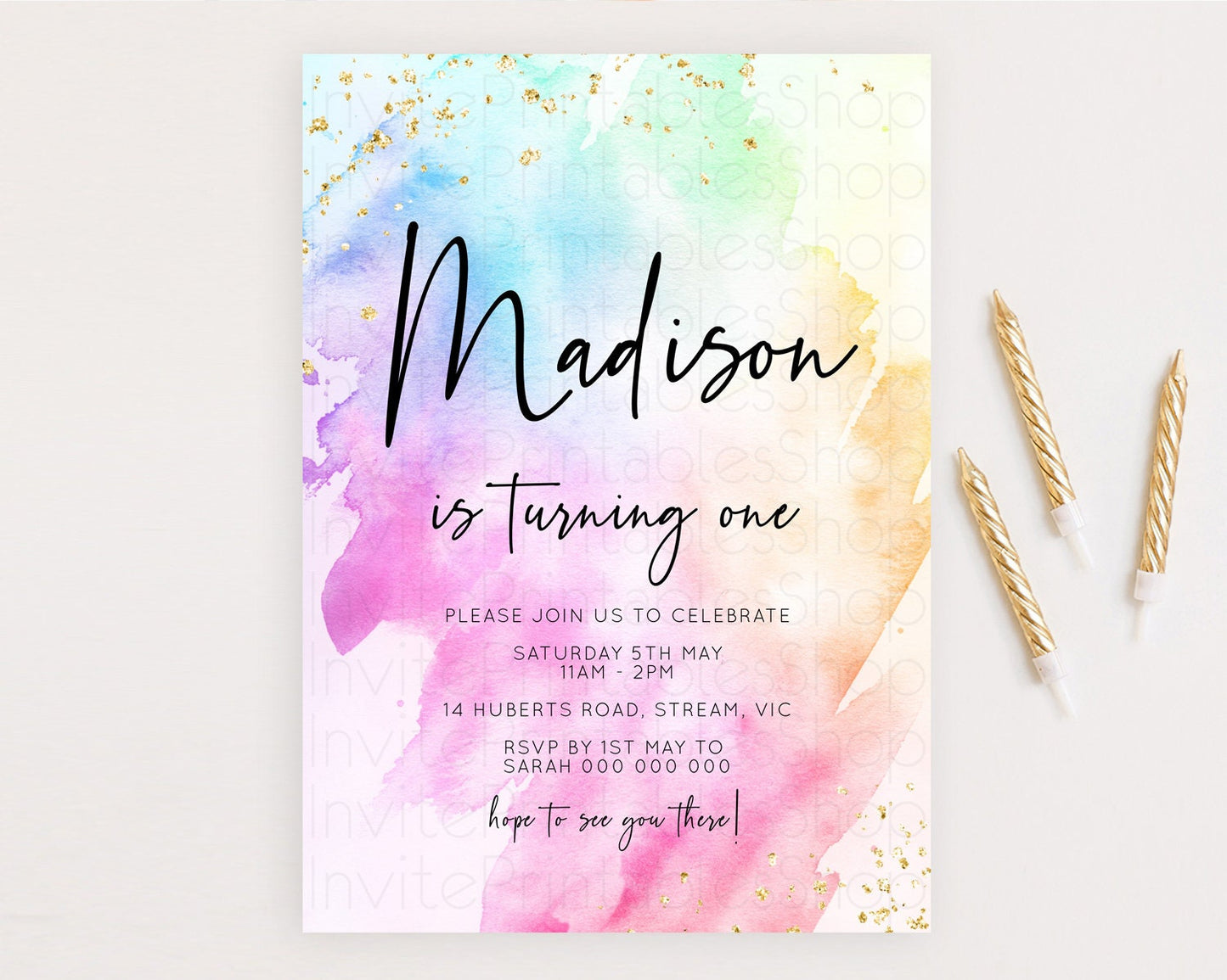 Rainbow Birthday Invitation Colorful Pastel Watercolor Invitation Gold Glitter Sprinkles Ombre Pastel 1st 2nd 3rd Birthday D10449