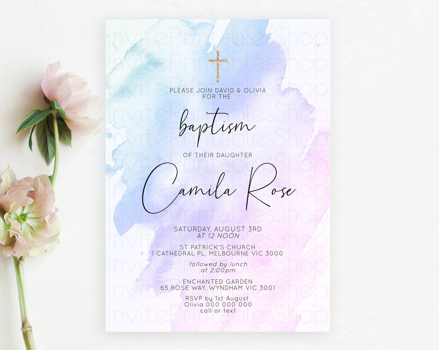 Purple Baptism Invitation Purple Watercolor Baptism Birthday Invitation Pastel Purple Watercolor Christening Invite Purple Splash D10165